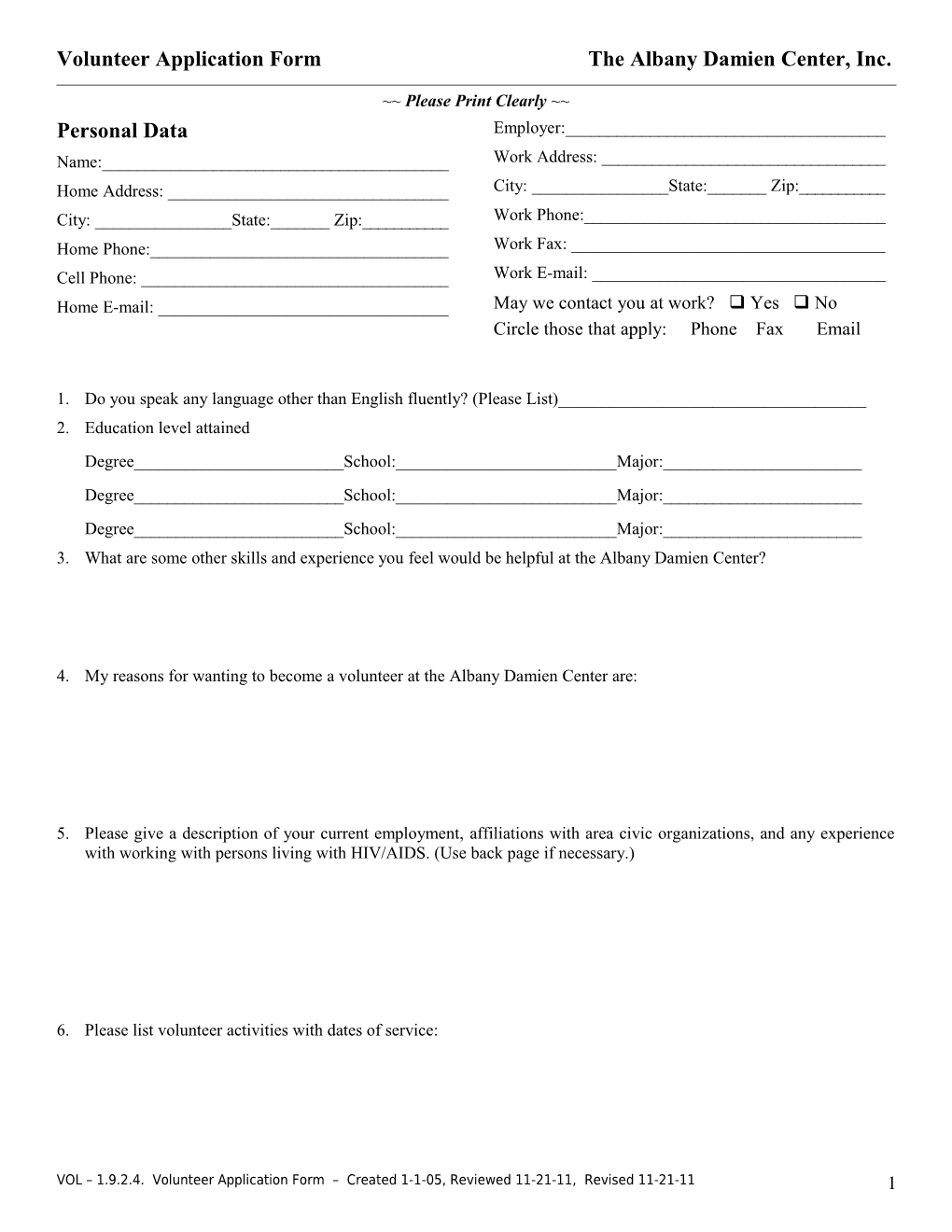 Volunteerapplication Form the Albany Damien Center, Inc