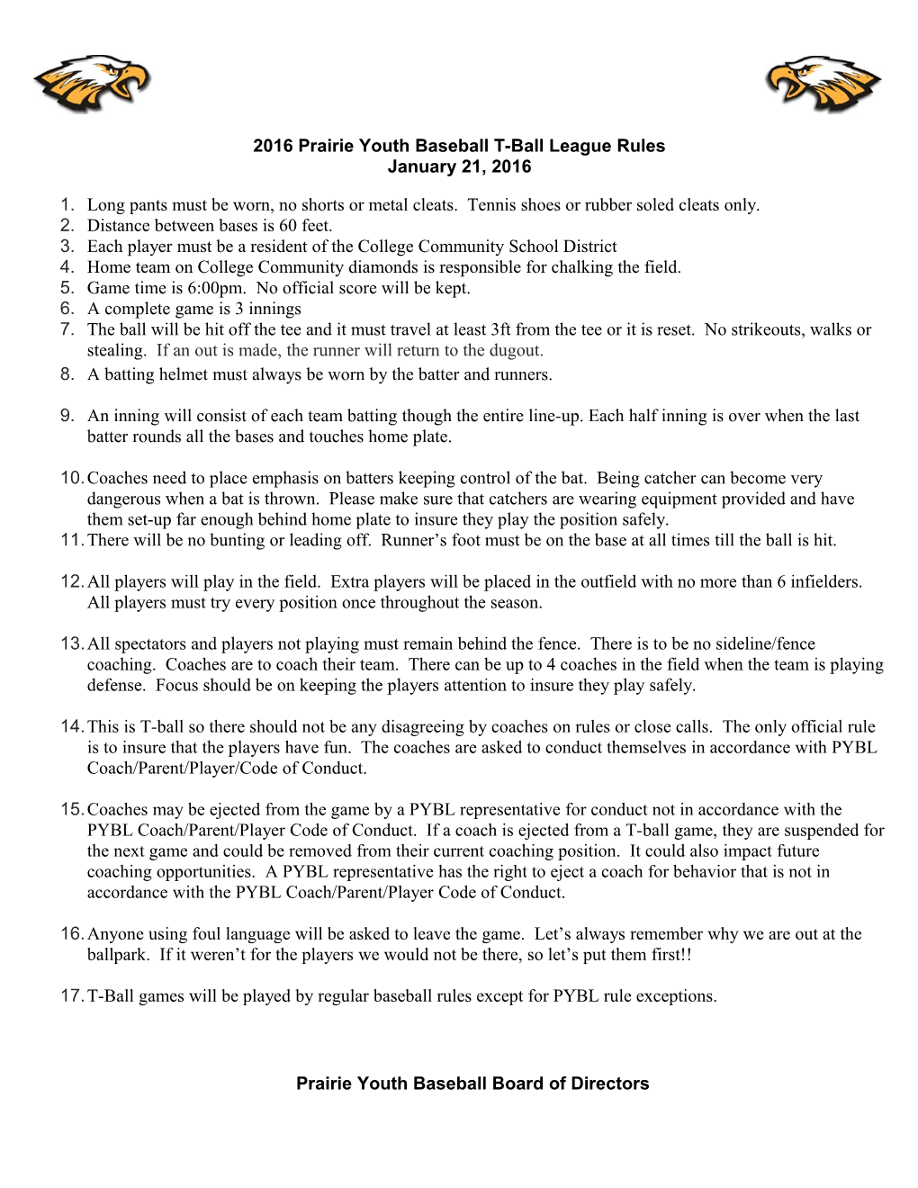 2012 Prairie Youth Baseball League Rules