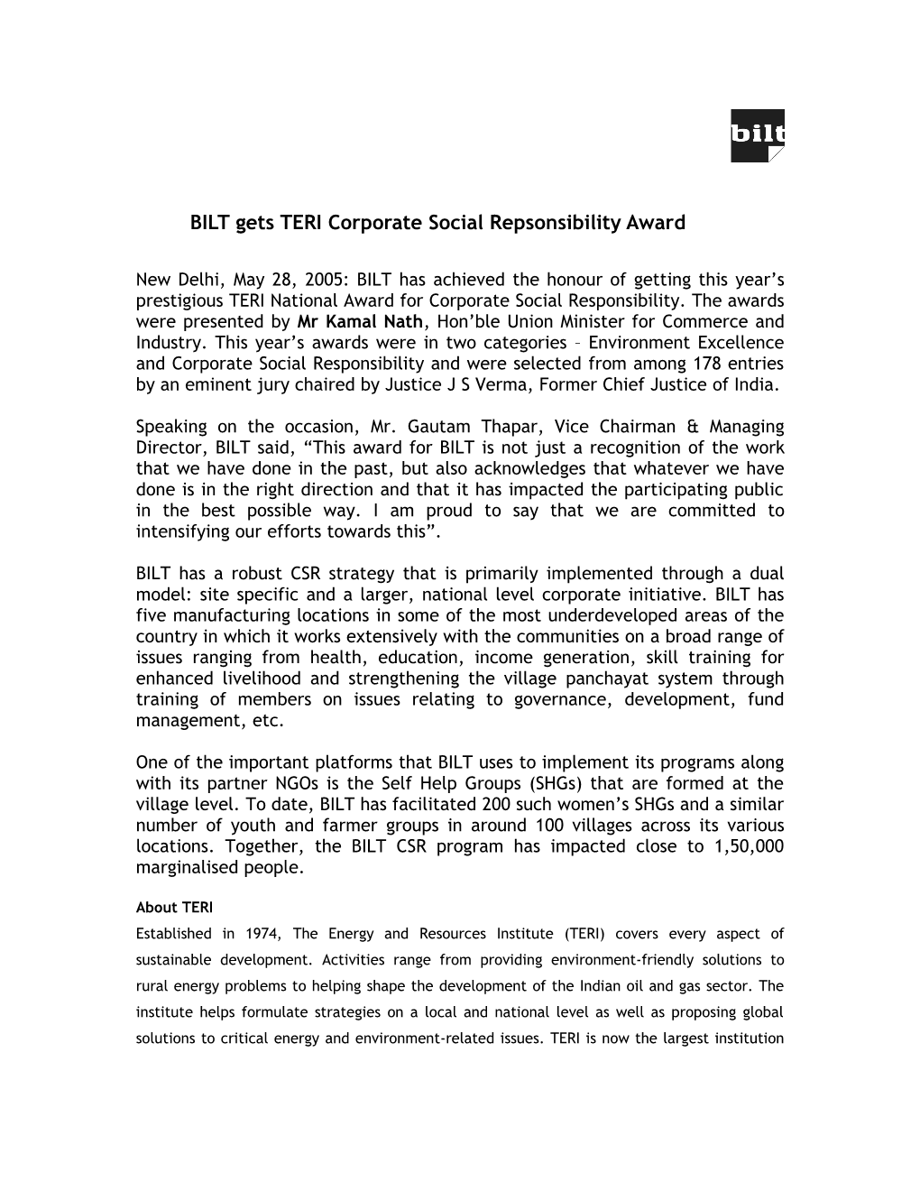 BILT Gets TERI Corporate Social Repsonsibility Award