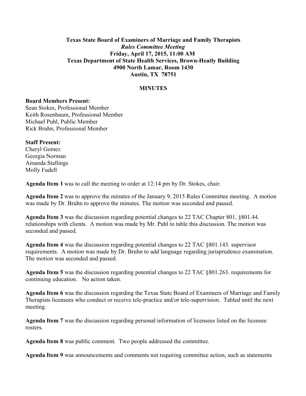 Texas State Board of Social Worker Examiners Board - Minutes