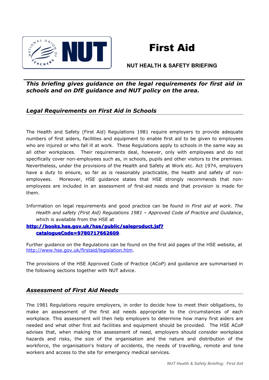 Legal Requirements on First Aid in Schools