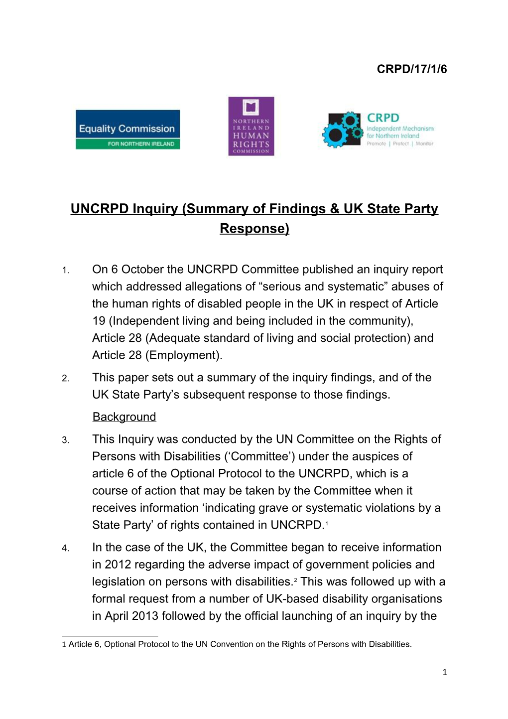 UNCRPD Inquiry (Summary of Findings & UK State Party Response)