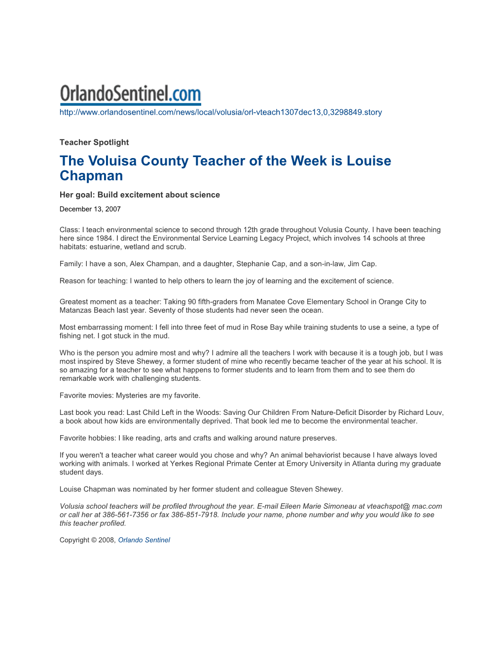The Voluisa County Teacher of the Week Is Louise Chapman