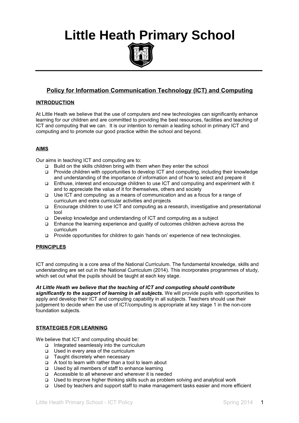 WHITCHURCH Policy for Information Communication Technology (ICT)