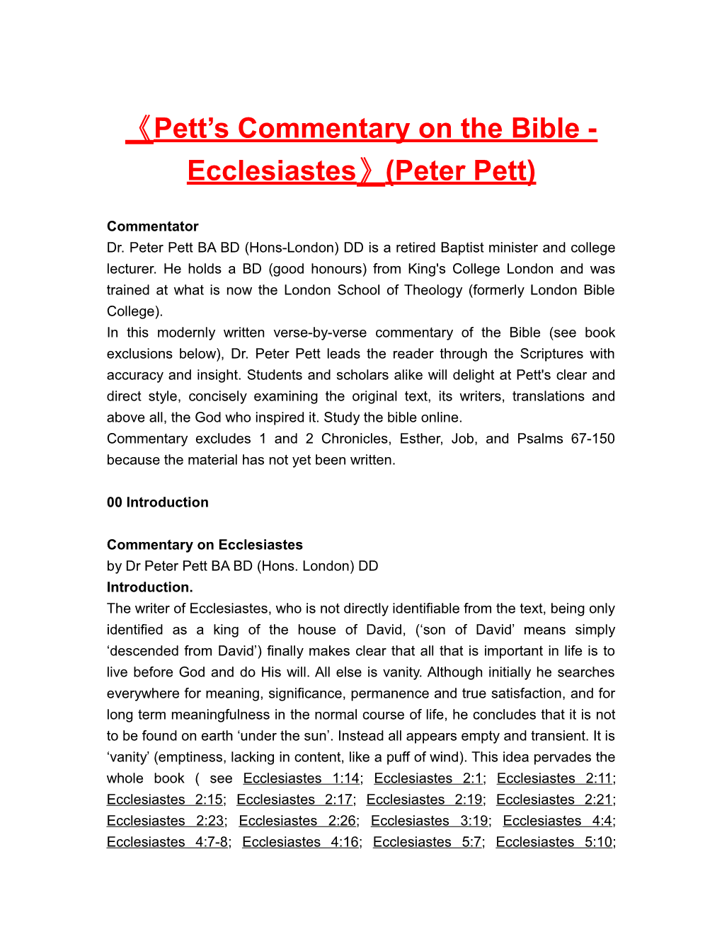 Pett S Commentary on the Bible - Ecclesiastes (Peterpett)