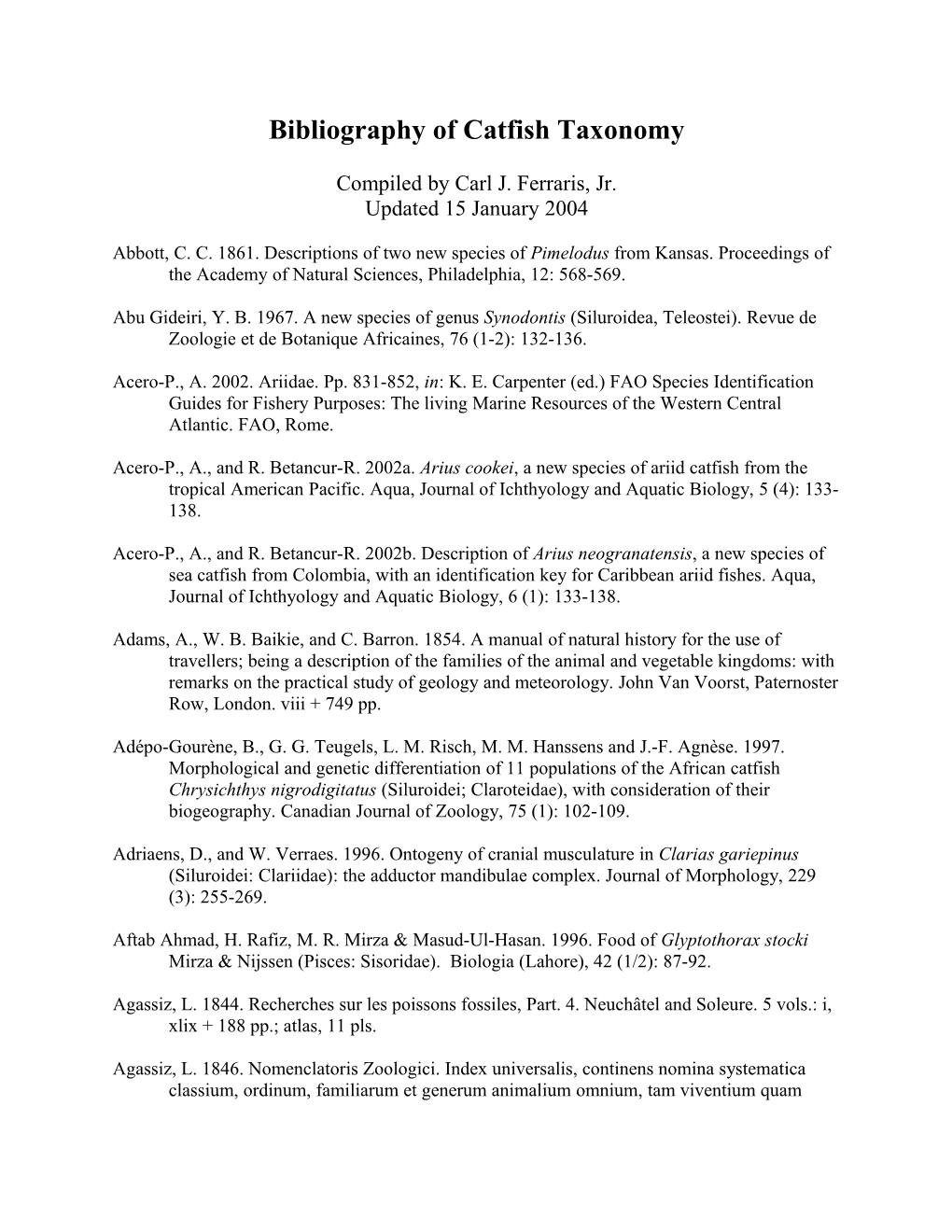 Bibliography of Catfish Taxonomy