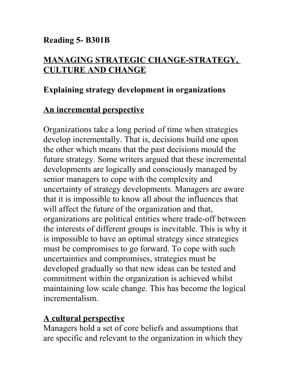 Managing Strategic Change-Strategy, Culture and Change