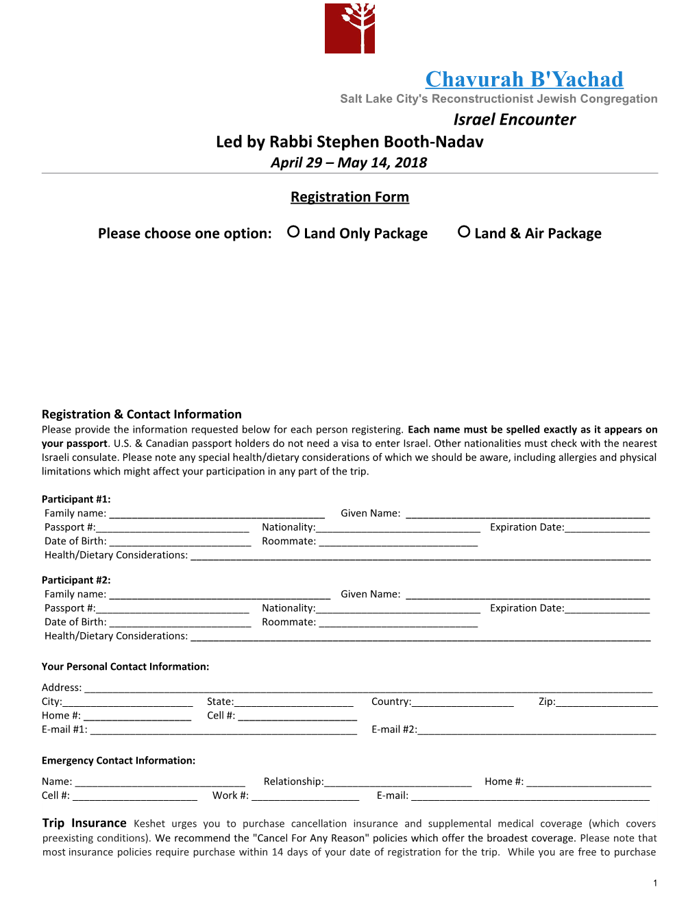Registration Form (Page 2) Chavurah B Yachad
