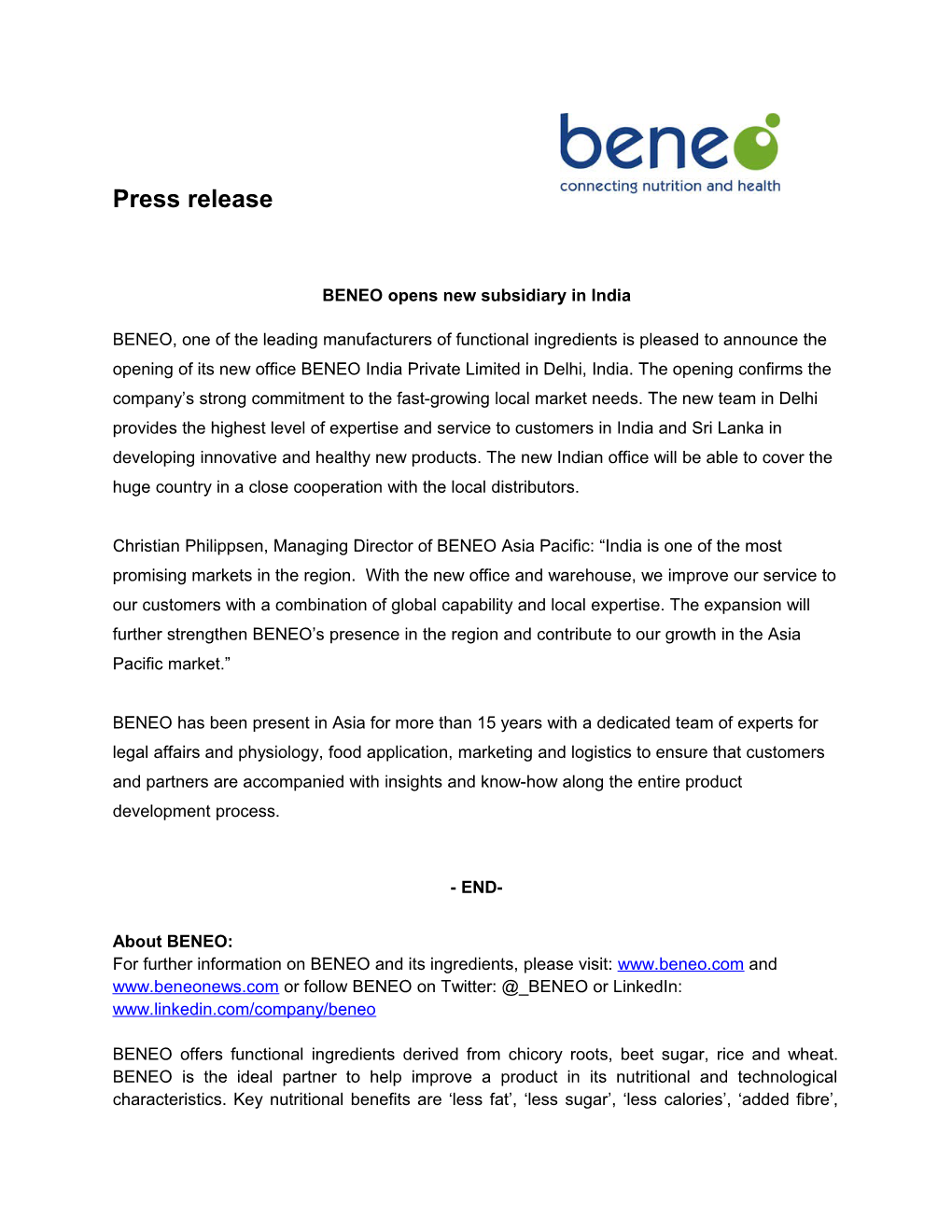 BENEO Opens New Subsidiary in India
