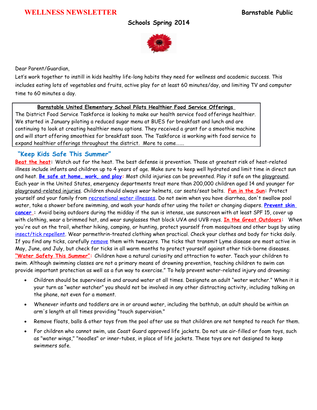 WELLNESS NEWSLETTER Barnstable Public Schools Spring 2014