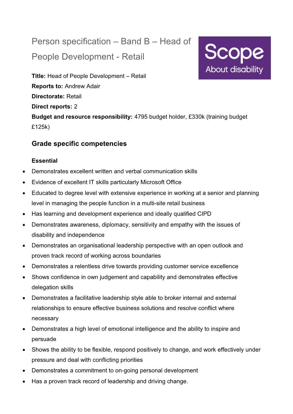 Person Specification Band B Head of People Development - Retail