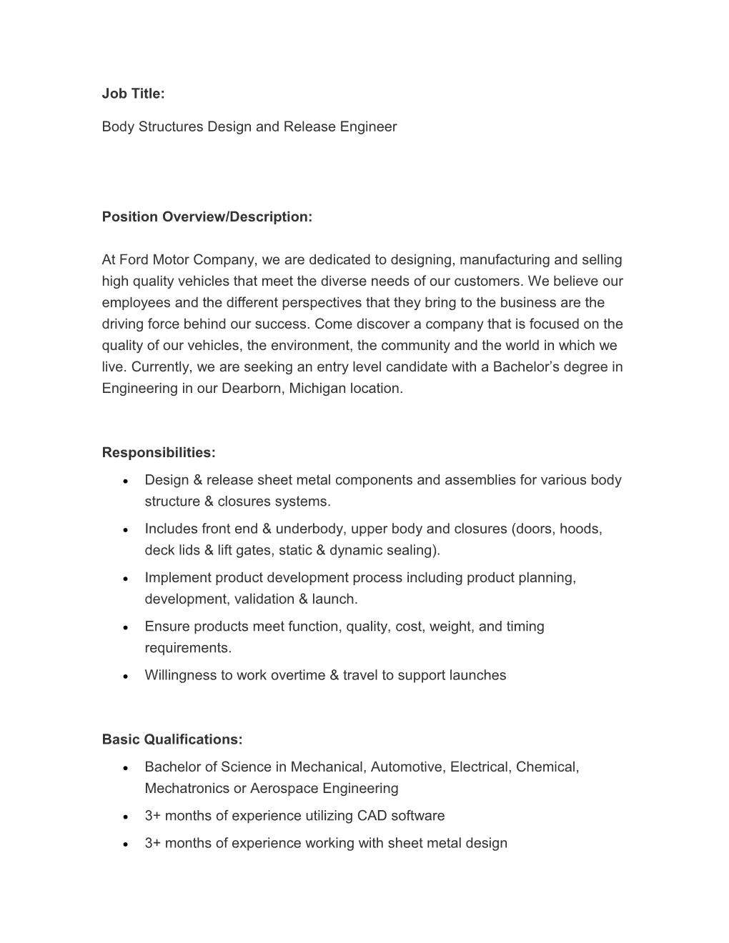 Job Title: Body Structures Design and Release Engineer