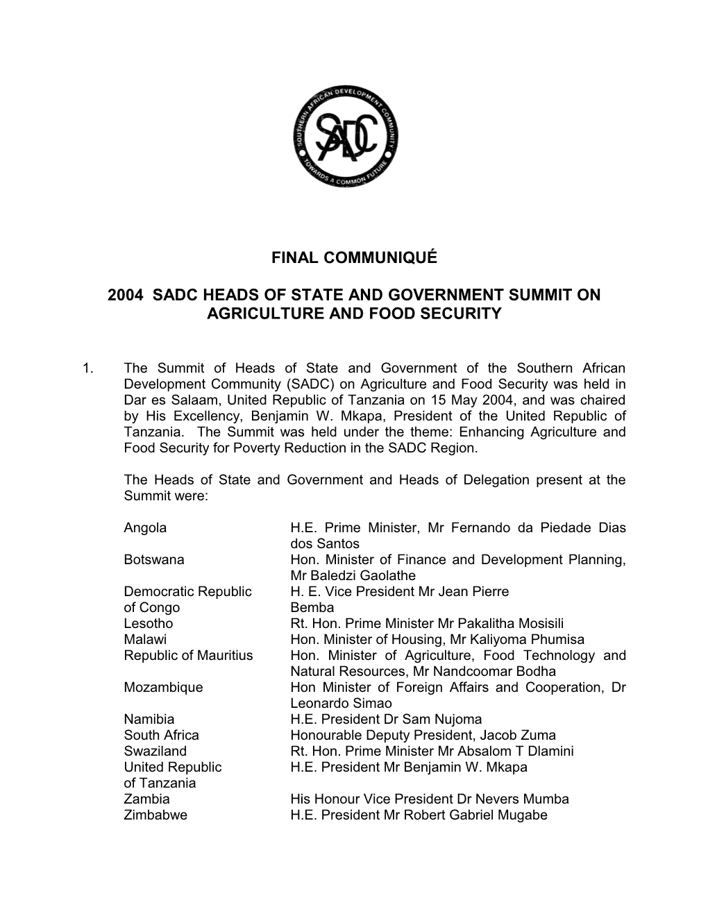 2004 Sadc Heads of State and Government Summit on Agriculture and Food Security