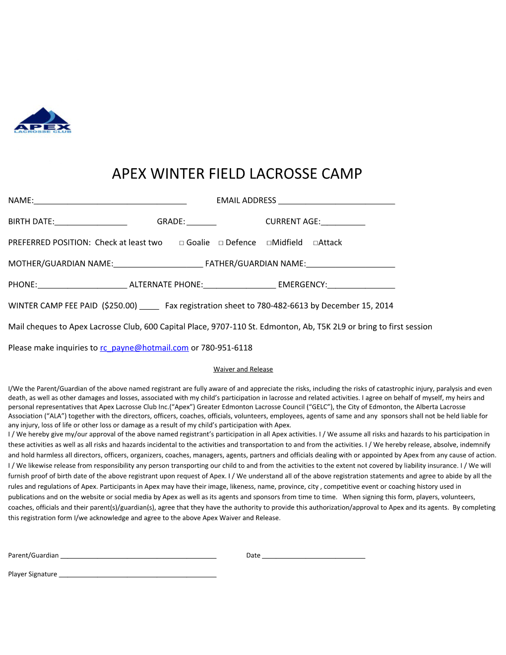 Apex Winter Field Lacrosse Camp
