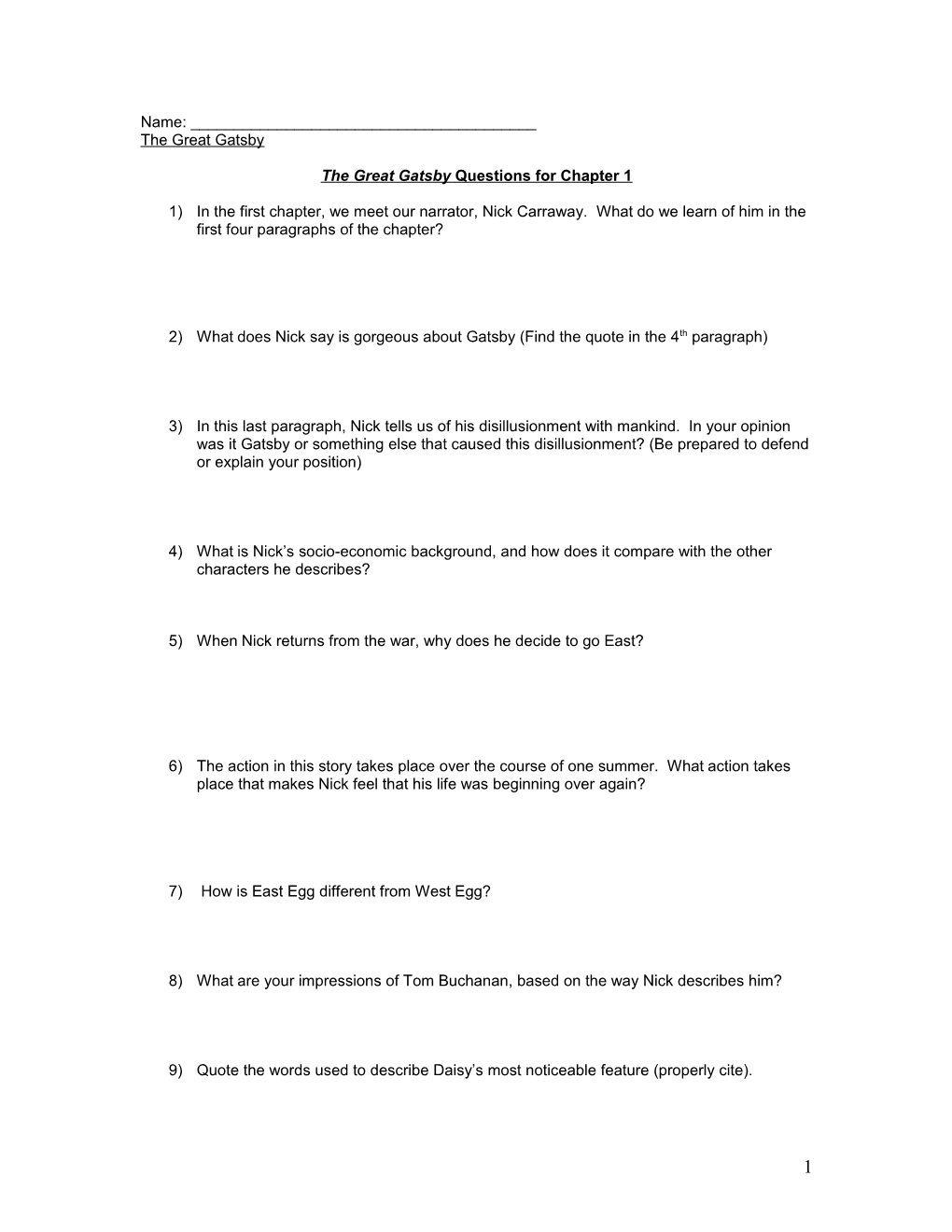 The Great Gatsby Questions for Chapter 1
