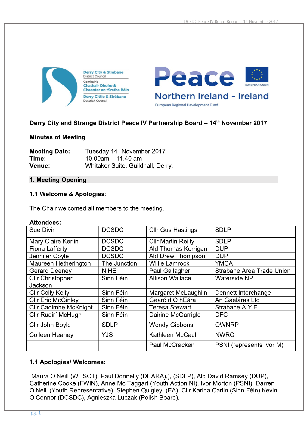 Derry City and Strange District Peace IV Partnership Board 14Th November 2017