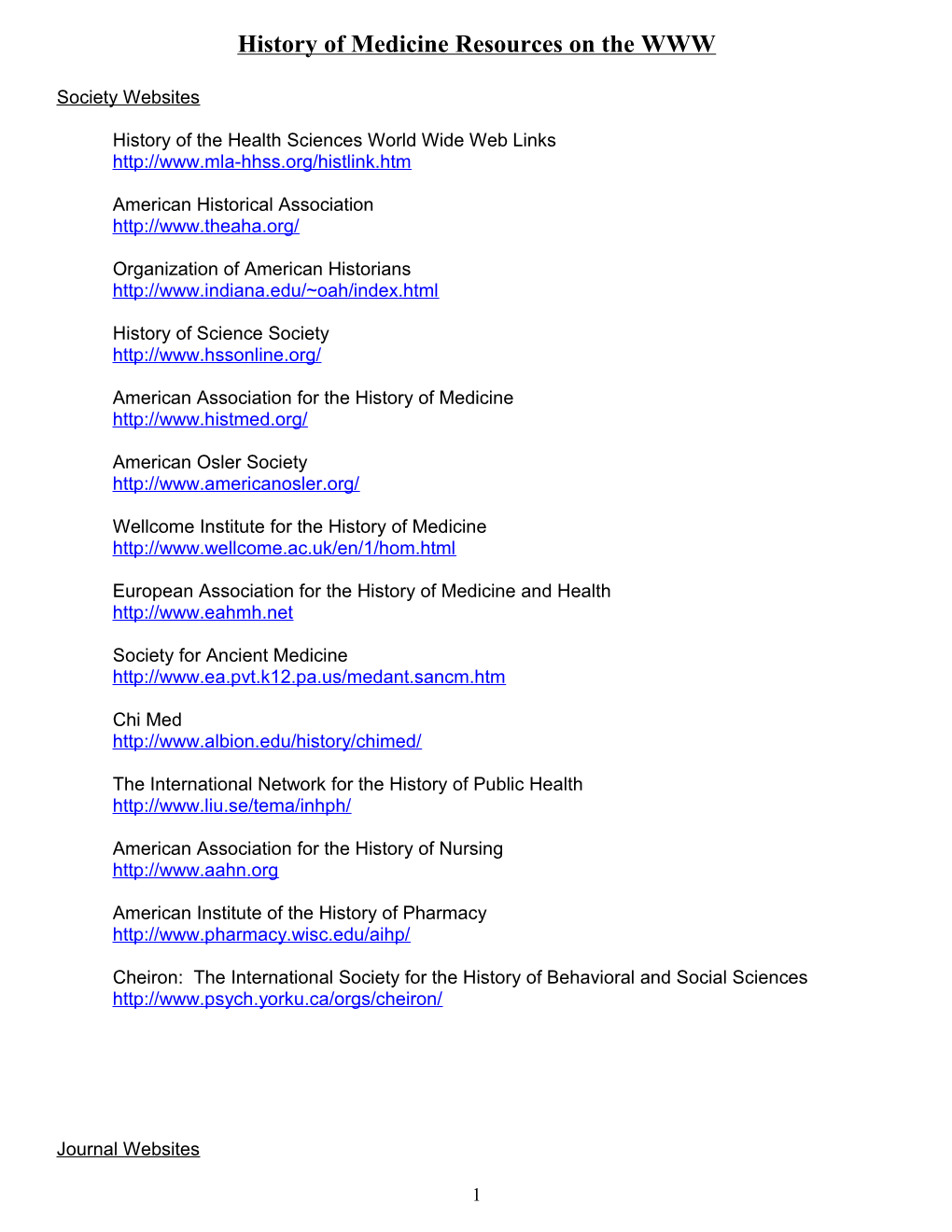 History of Medicine Resources on the WWW