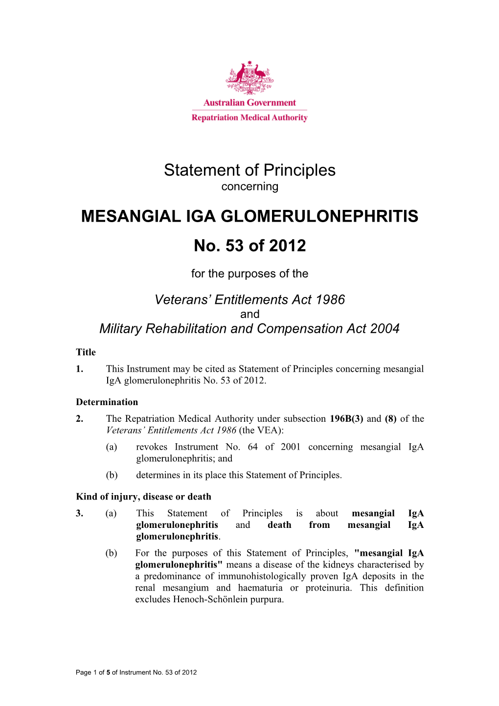 Statement of Principles 53 of 2012 Mesangial Iga Glomerulonephritis Balance of Probabilities