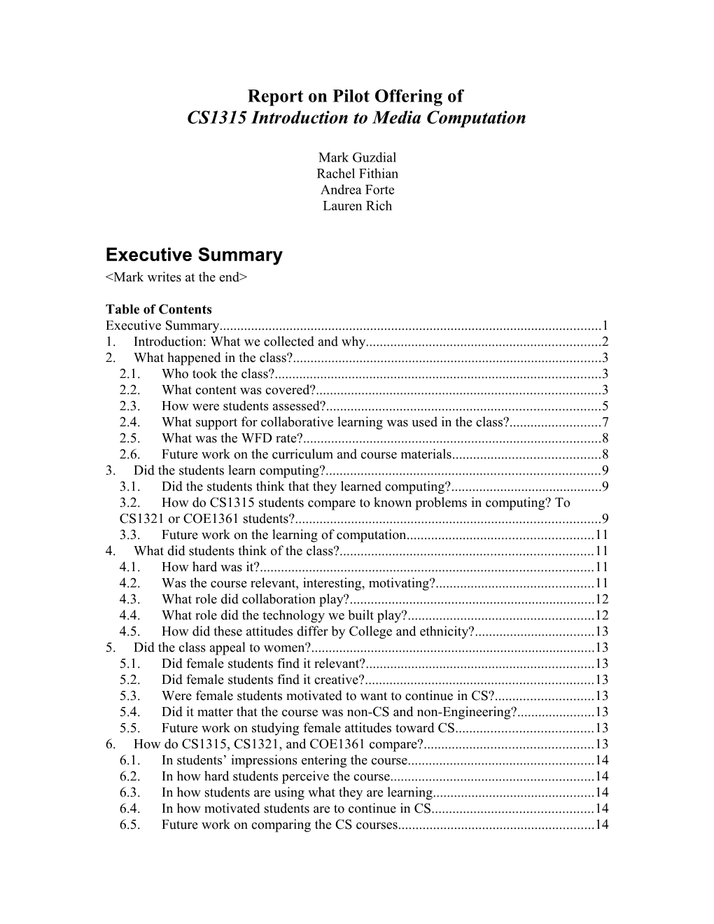 Report on Pilot Offering Of