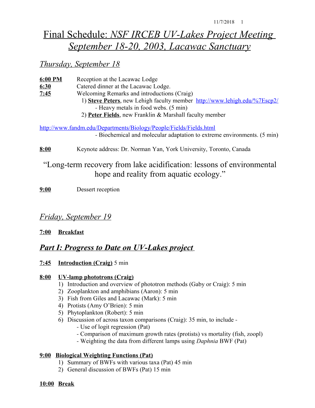 Final Schedule: NSF IRCEB UV-Lakes Project Meeting