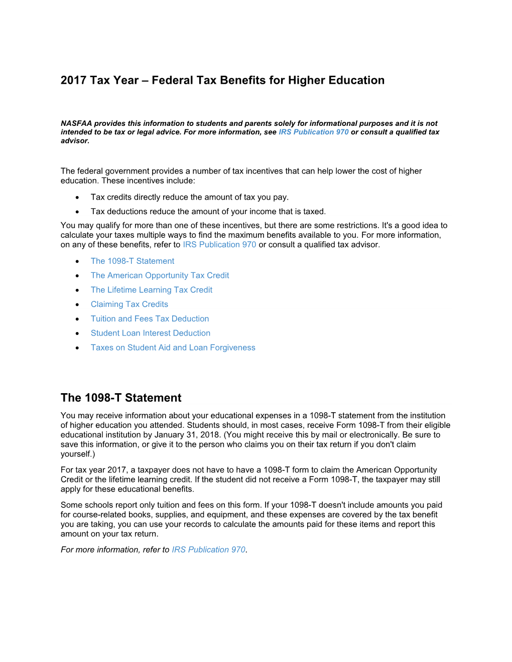2017 Tax Year Federal Tax Benefits for Higher Education