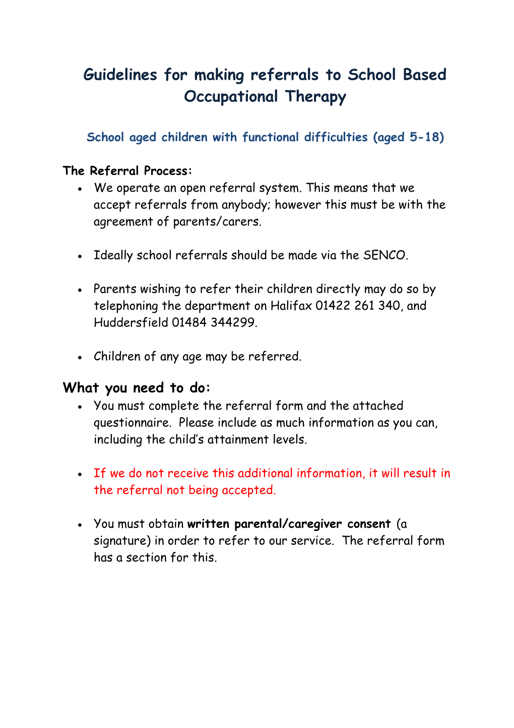 Guidelines for Making Referrals to School Based Occupational Therapy