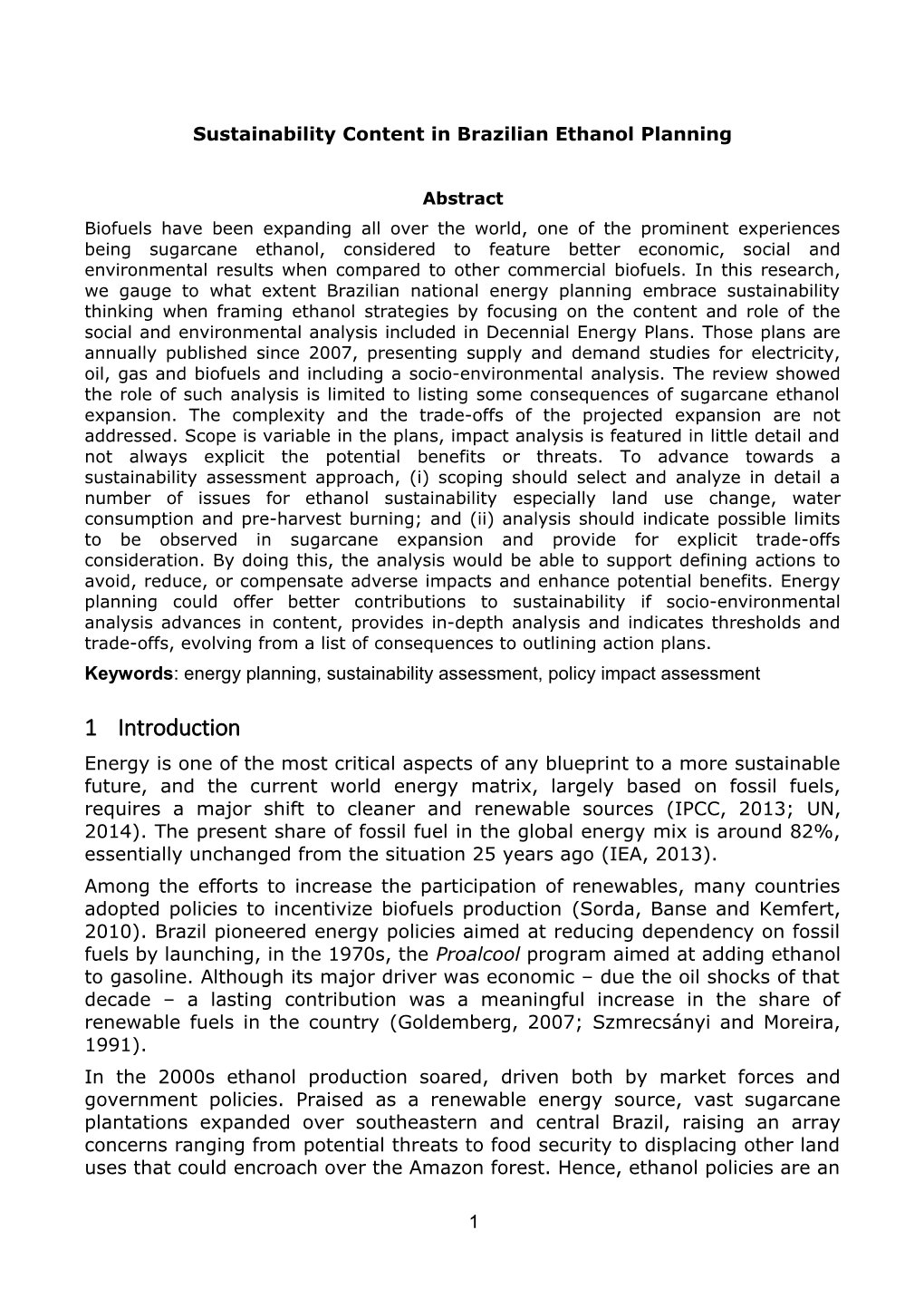 Sustainability Content in Brazilian Ethanol Planning