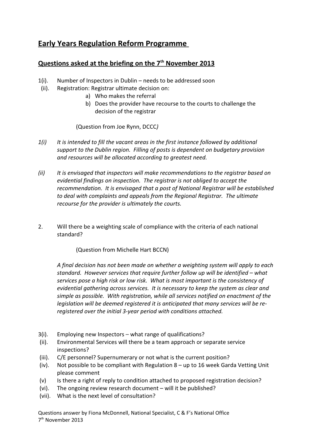 Early Years Regulation Reform Programme