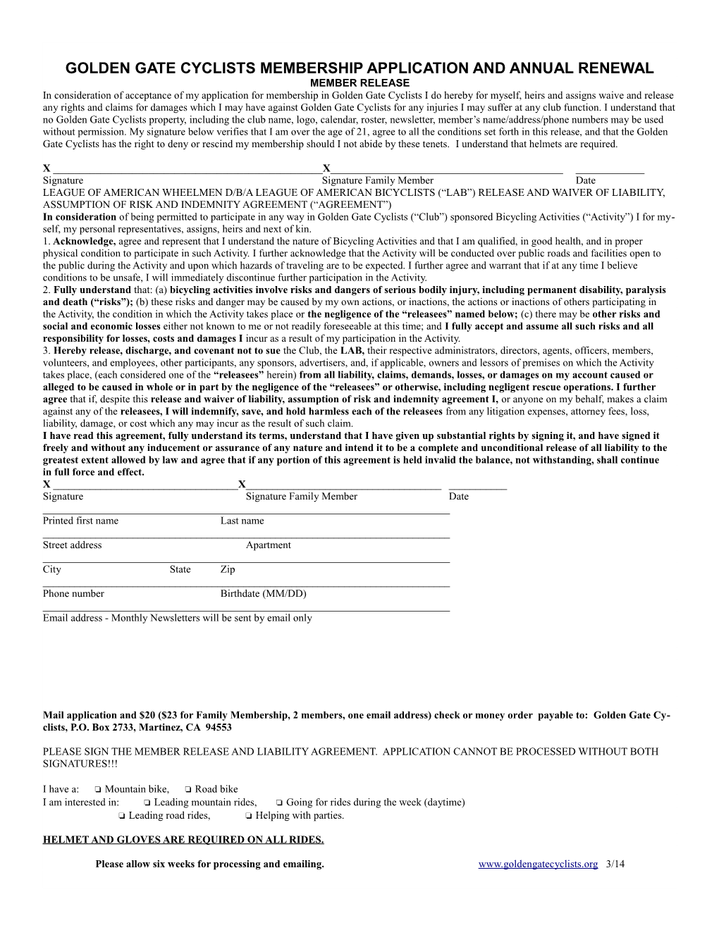 Golden Gate Cyclists Membership Application and Annual Renewal
