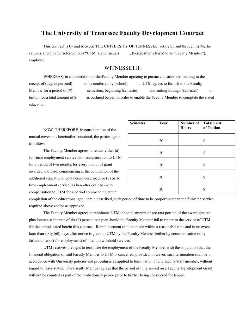 The University of Tennessee Faculty Development Contract