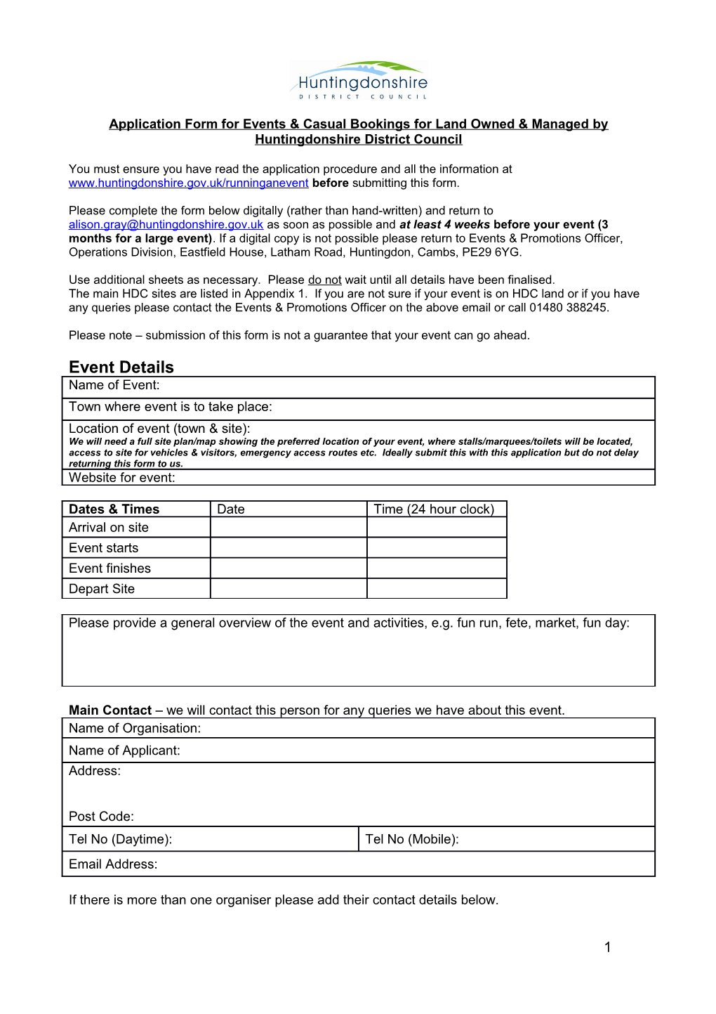 Application Form for Events / Casual Bookings on Parks, Open Spaces and Car Parks