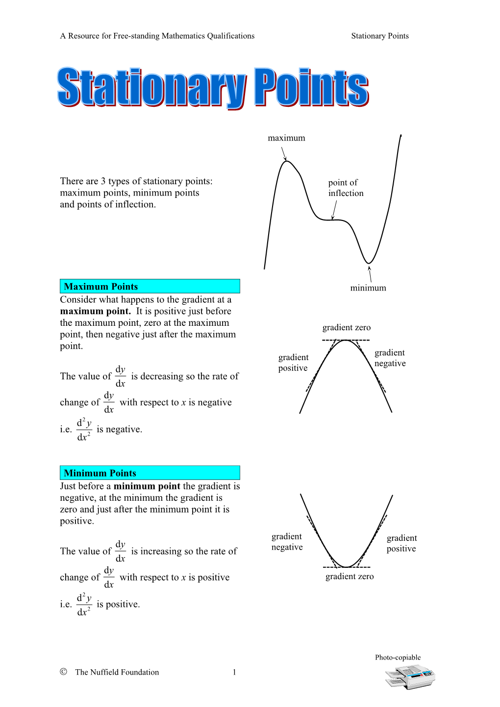 A Resource for Free-Standing Mathematics Qualificationsstationary Points