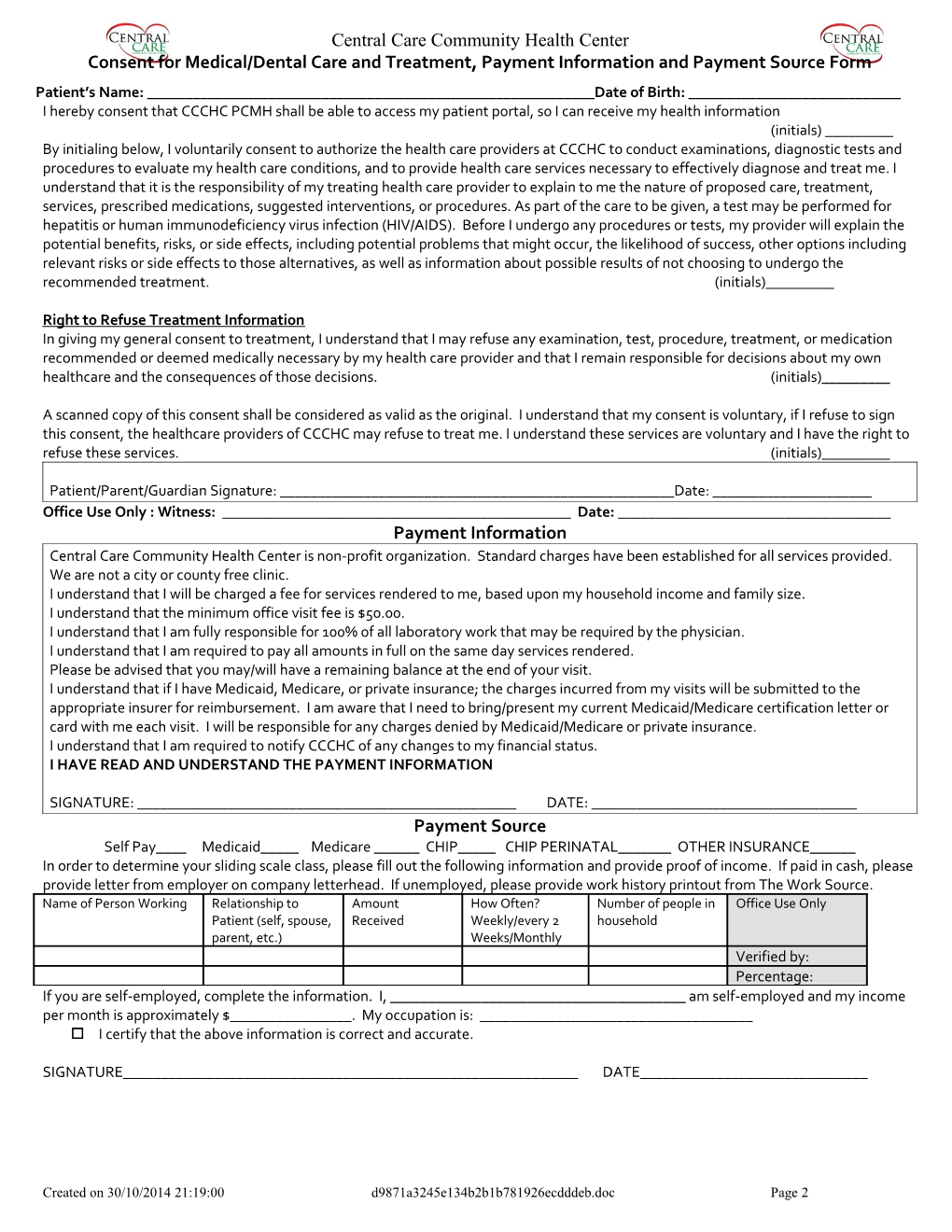 Consent for Medical/Dental Care and Treatment, Payment Information and Payment Source Form