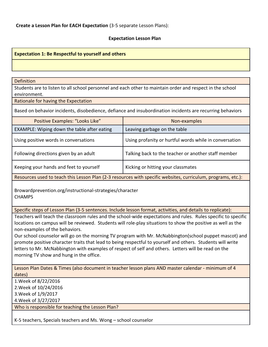 Create a Lesson Plan for EACH Expectation (3-5 Separate Lesson Plans)