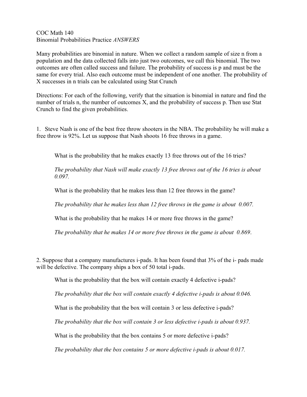 Binomial Probabilities Practiceanswers