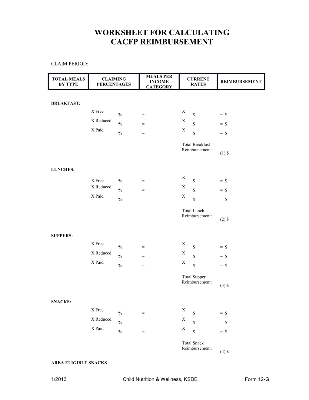 Form 12G Worksheet for Calculating CACFP Reimbursement