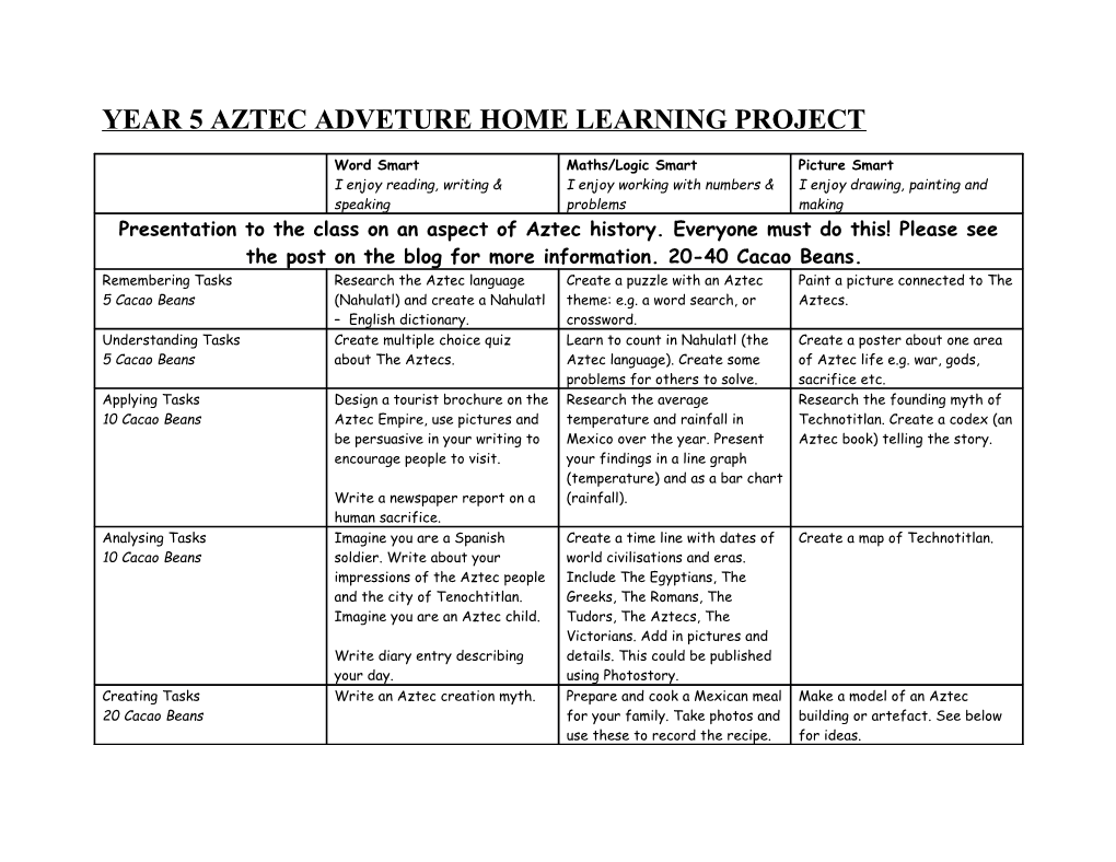 Year 5 Aztec Adveture Home Learning Project