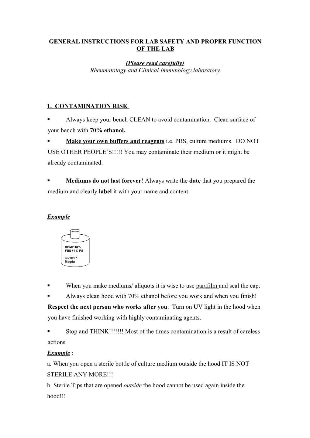 General Instructions for Lab Safety and Proper Function of the Lab