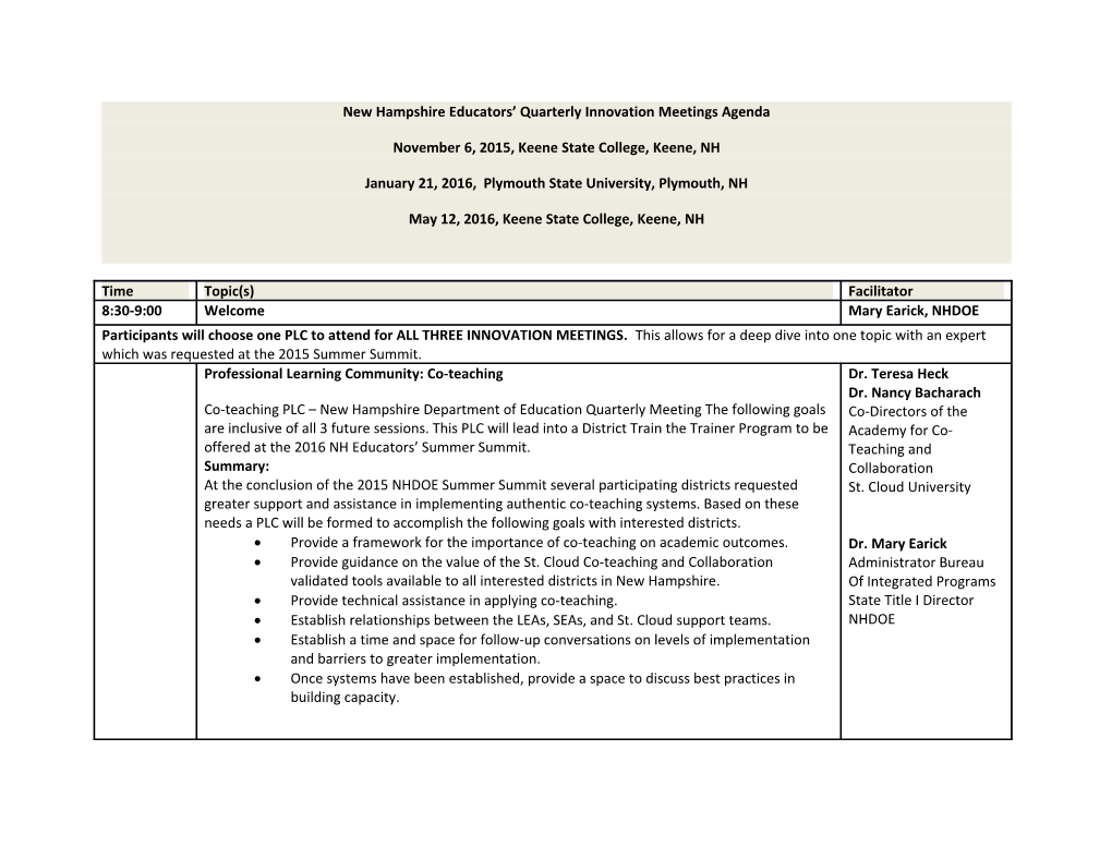 New Hampshire Educators Quarterly Innovation Meetings Agenda