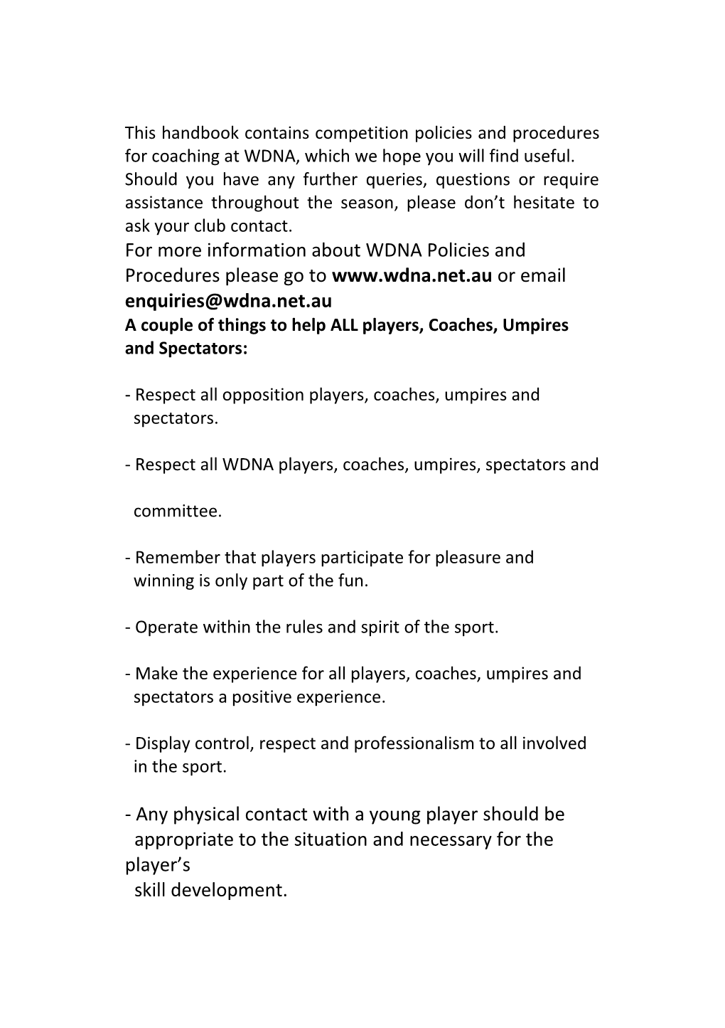 Wdna 2016 Policies & Procedures for Coaches & Umpires