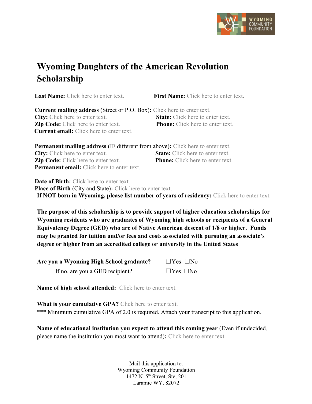 Wyoming Daughters of the American Revolution Scholarship