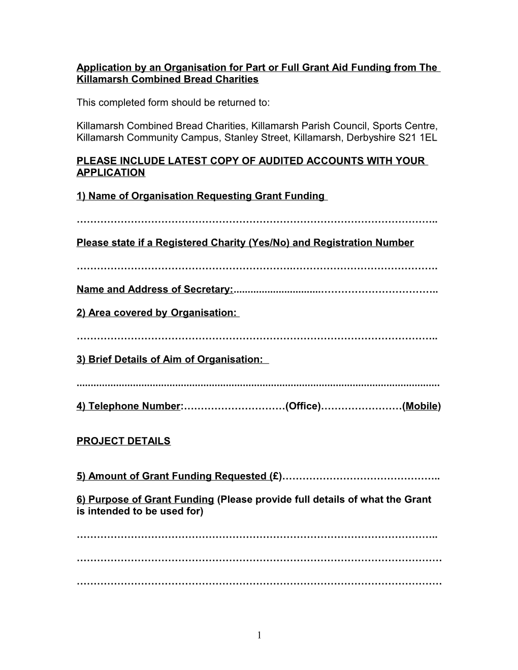 Application for Grant Aid Funding from the Killamarsh Combined Bread Charities