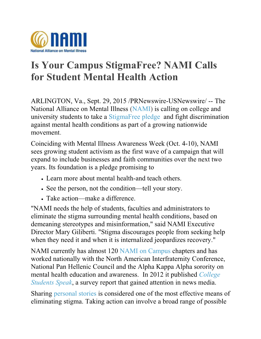 Is Your Campus Stigmafree? NAMI Calls for Student Mental Health Action