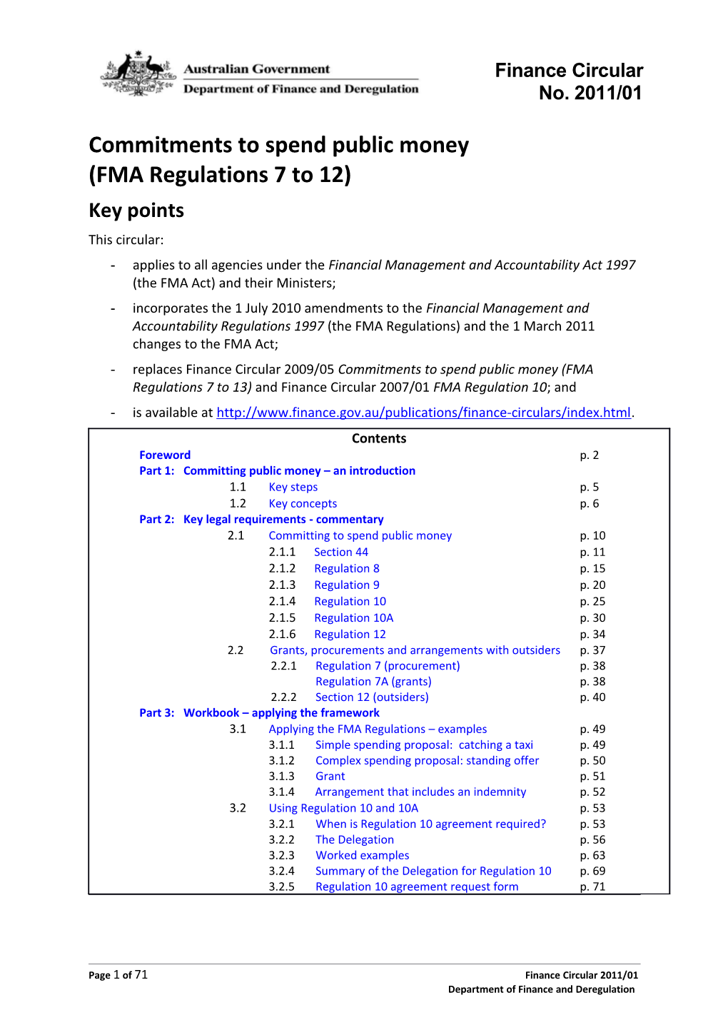 Finance Circular 2011/01: Commitments to Spend Public Money (FMA Regulations 7 to 12)