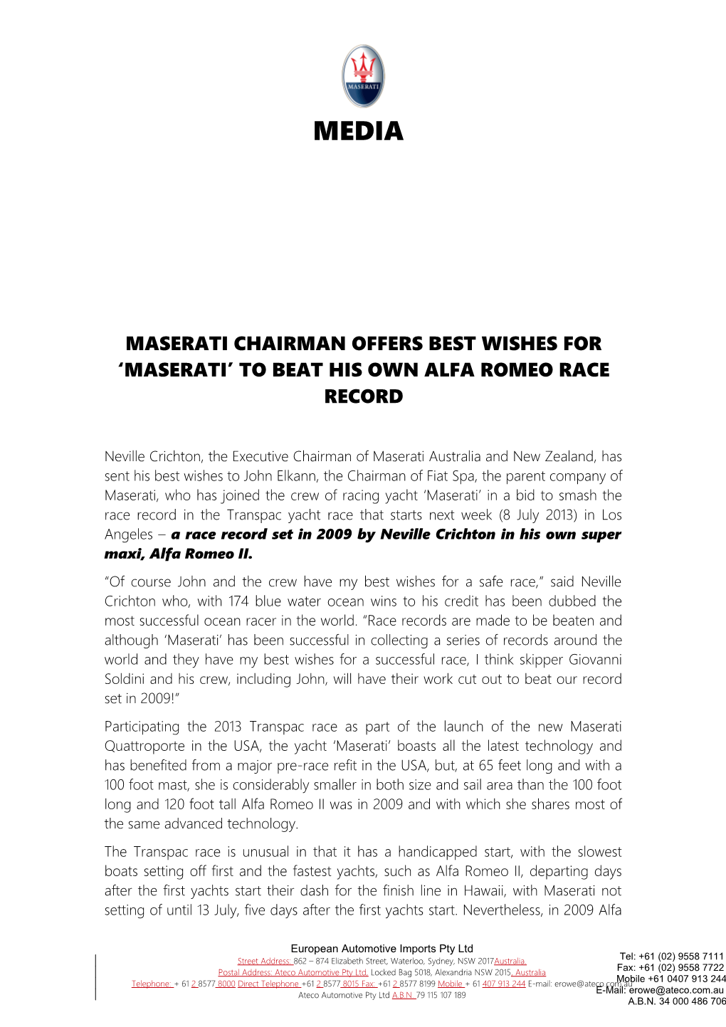 Maserati Chairman Offers Best Wishes for Maserati to Beat His Own Alfa Romeo Race Record