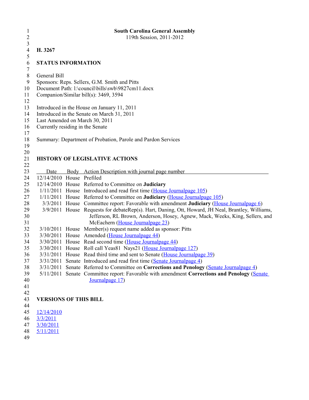 2011-2012 Bill 3267: Department of Probation, Parole and Pardon Services - South Carolina