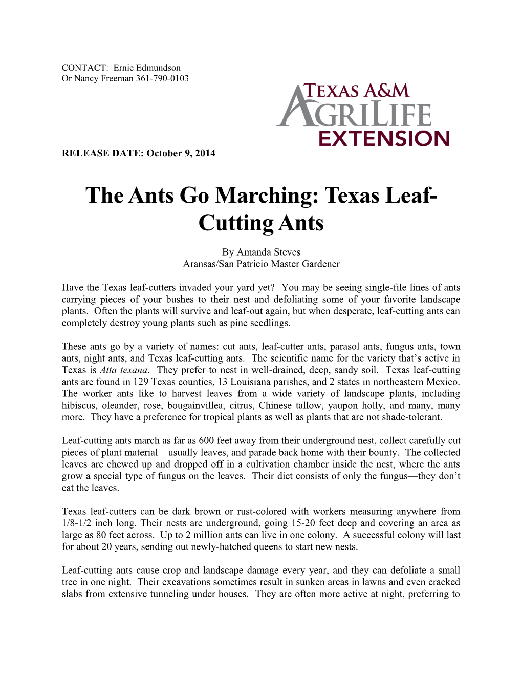 The Ants Go Marching: Texas Leaf-Cutting Ants