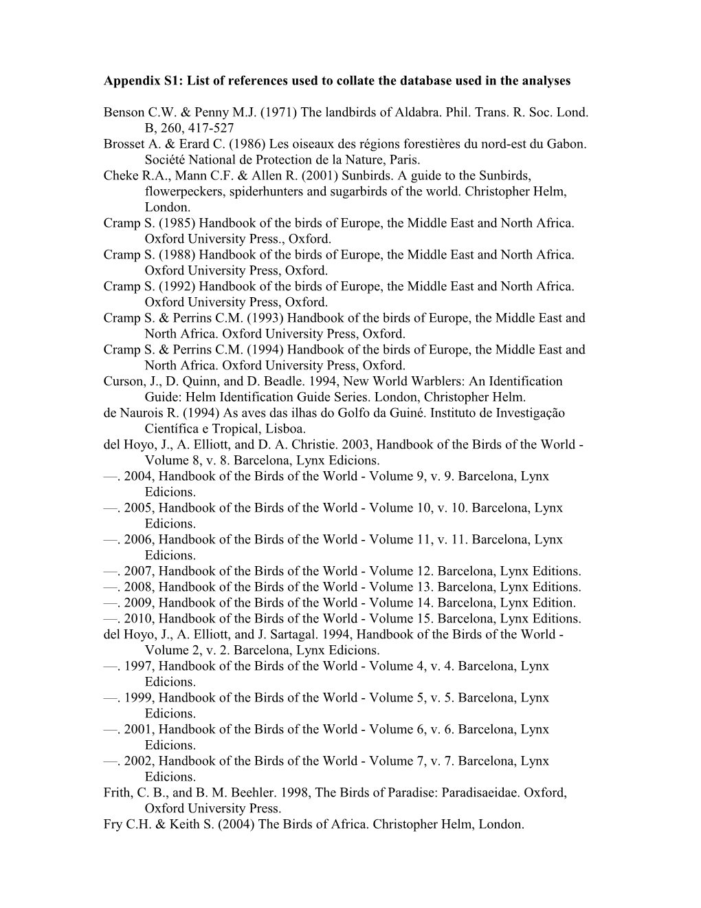 Appendix S1: List of References Used to Collate the Database Used in the Analyses
