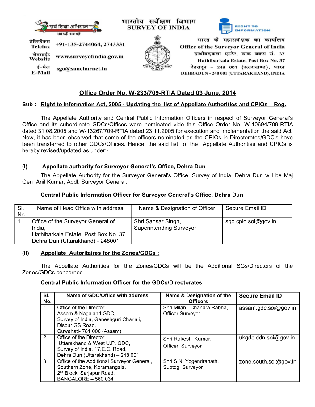 Office Order No. W-233/709-RTIA Dated 03June, 2014