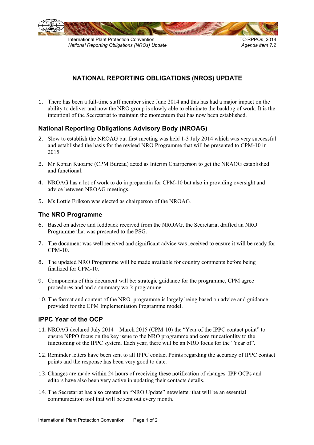 National Reporting Obligations (Nros) Update